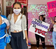 Fans dressed in Britney's Toxic flight attendant outfit and Hit Me Baby schoolgirls outfit