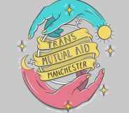 Illustration of two hands forming a circle with the words 'Trans Mutual Aid Manchester' in the middle