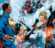 Superheroes including Superman and Wonderwoman in a cloud of snow