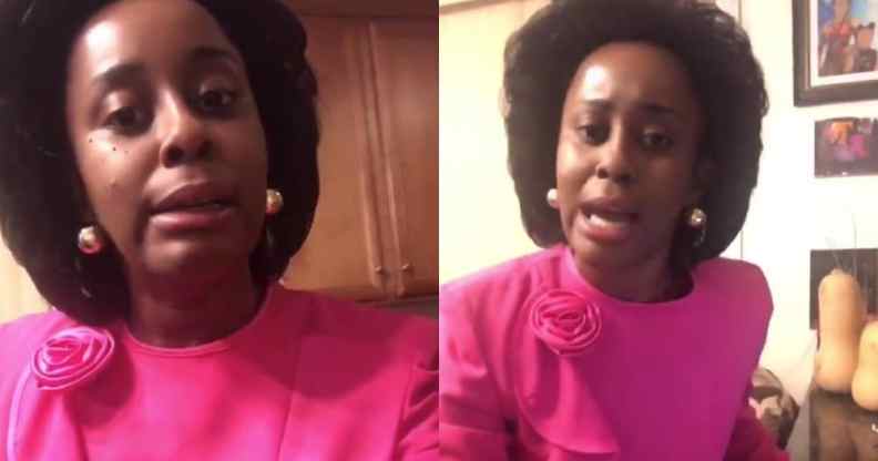 Lisa Beasley dressed as Margaret Thatcher in a bouffant wig and pink jacket