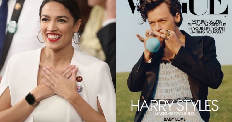 Alexandria Ocasio-Cortez (L) defended Harry Styles' American Vogue cover. (Don Emmert /AFP/Getty/Condé Nast)