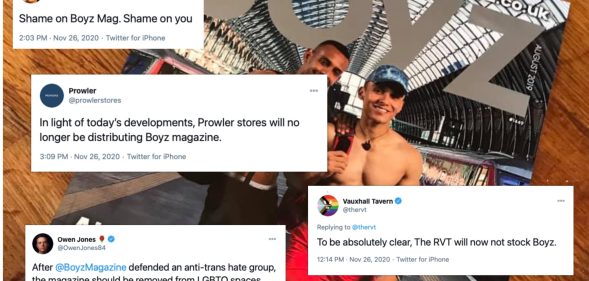 Boyz magazine faced severe criticism for fortifying its support for LGB Alliance, prompting many queer businesses to pull advertising or to stop stocking it. (Facebook/Twitter)