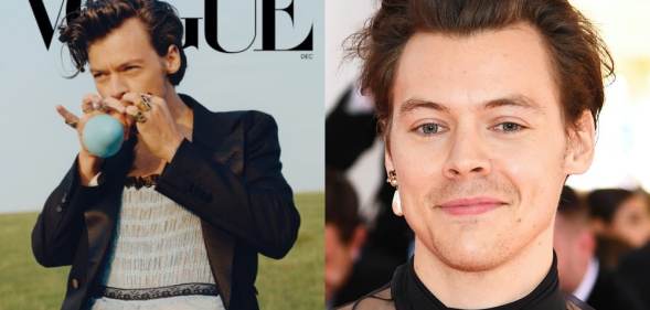 Harry Styles in a tuxedo jacket and ballgown on the cover of Vogue, sucking a balloon