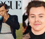 Harry Styles in a tuxedo jacket and ballgown on the cover of Vogue, sucking a balloon