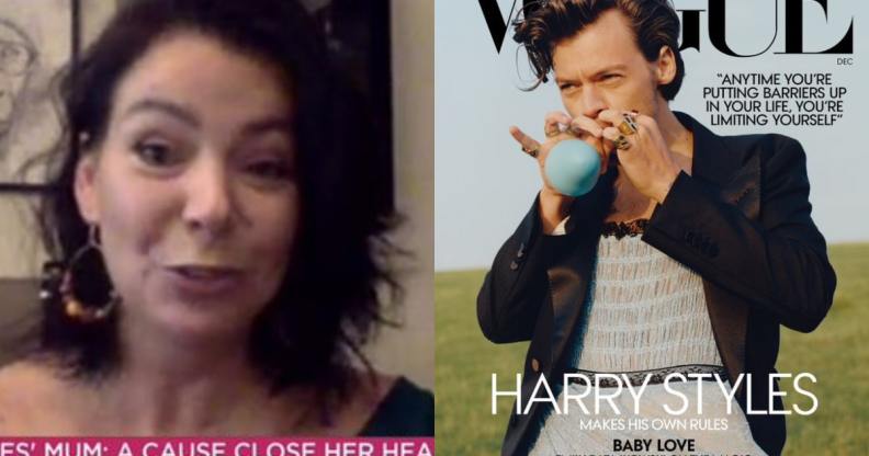 Harry Styles' mother Anne Twist (L) defended her son for wearing a ballgown for America Vogue. (Screen capture via ITV/Vogue)