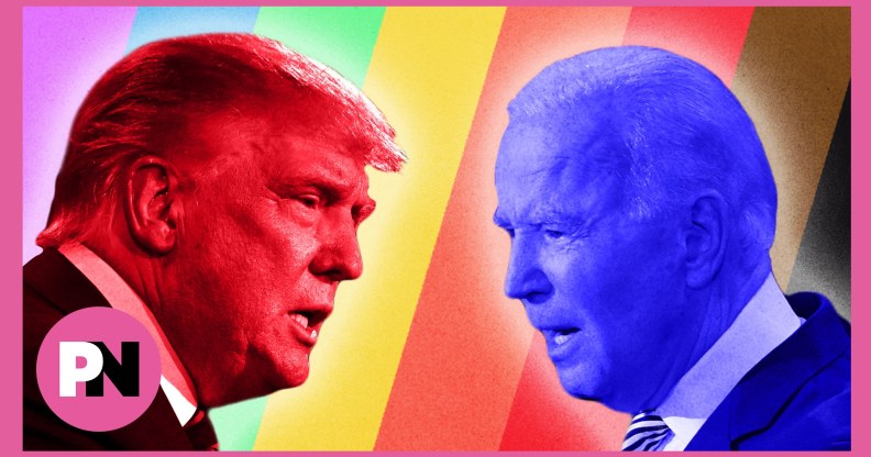 Donald Trump and Joe Biden in front of an LGBT flag