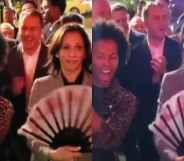 Kamala Harris holding a large fan while Shangela takes a selfie