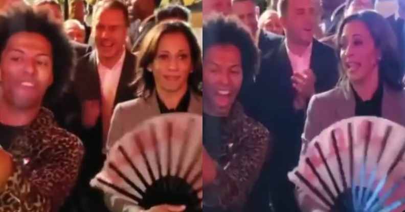 Kamala Harris holding a large fan while Shangela takes a selfie