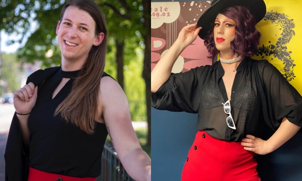 Taylor Small and her drag alter ego, Nikki Champagne.