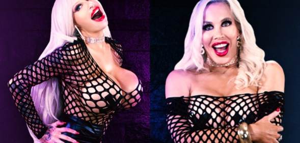 The Cock Destroyers pose in black dresses against a dark background