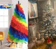 A Facebook advert for a rainbow Christmas tree, and the product in real life compared to a 6ft Christmas tree