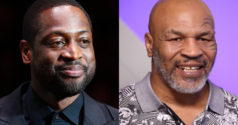 Dwyane Wade (L) praised Mike Tyson for grilling a rapper who took issue with his daughter being trans. (Getty)