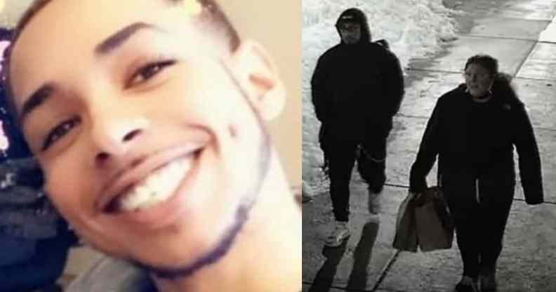 Anthony Crumbley, a gay Black man who was stabbed, alongside a CCTV photo of suspects