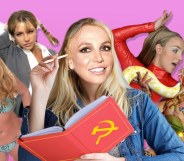 Britney Spears in a bikini, in a schoolgirl outfit, reading Marx, in a red catsuit and with a snake wrapped around her neck