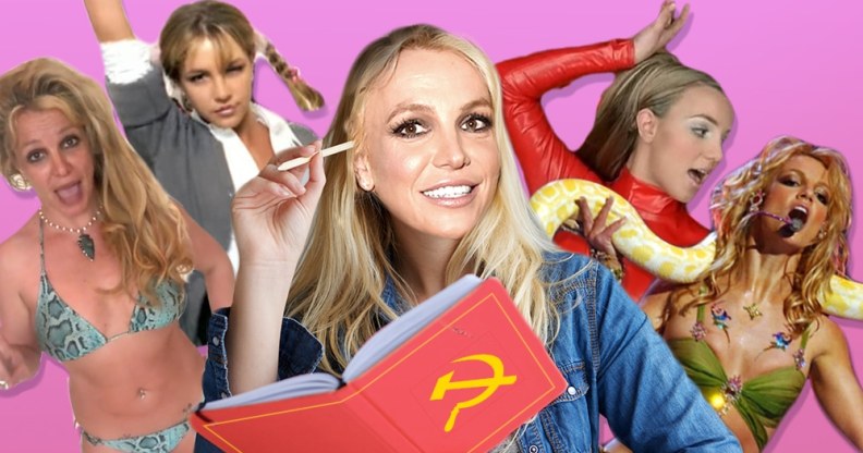 Britney Spears in a bikini, in a schoolgirl outfit, reading Marx, in a red catsuit and with a snake wrapped around her neck