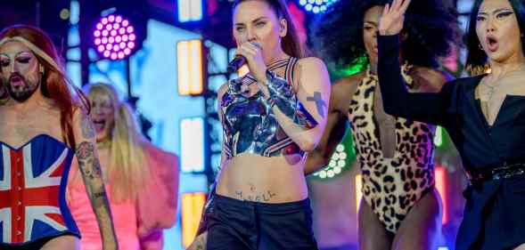 Melanie C with drag queens dressed as the Spice Girls