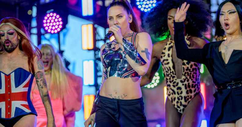 Melanie C with drag queens dressed as the Spice Girls