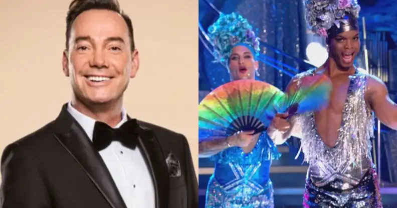 Two images: Craig Revel Horwood smiling in a tuxedo, Strictly pros Johannes and Gorka in sequinned jumpsuits and matching headpieces