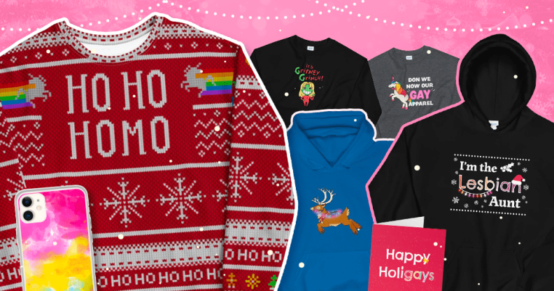 Christmas jumper with "Ho Ho Homo" written on the front, pan Pride flag phone case, hoodies and sweaters with reindeer, unicorns and "Gritney Grinch" on/