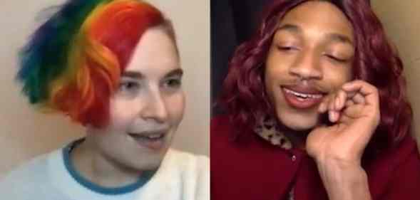 HJ Farr, their short bobbed hair dyed to look like a Pride flag, on a Zoom call with Deity Blair, who wears a red jacket and matching red hair