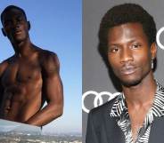 Adonis Bosso topless standing against a skyline, a glass pane hiding his lower section