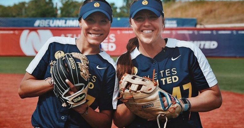 Amanda Chidester and Anissa Urtez play softball