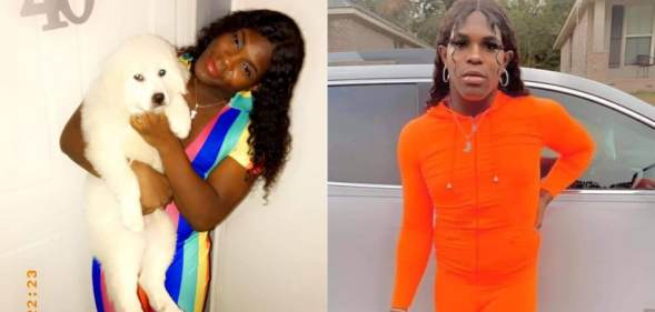 Two photographs of Bella Pugh, one in a rainbow jumpsuit inside and another in an orange jumpsuit outside