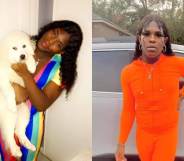 Two photographs of Bella Pugh, one in a rainbow jumpsuit inside and another in an orange jumpsuit outside