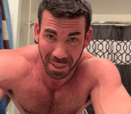 Billy Santoro topless, in a bathroom
