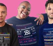 Three LGBT+ people wearing PinkNews' Christmas jumpers against a pink background