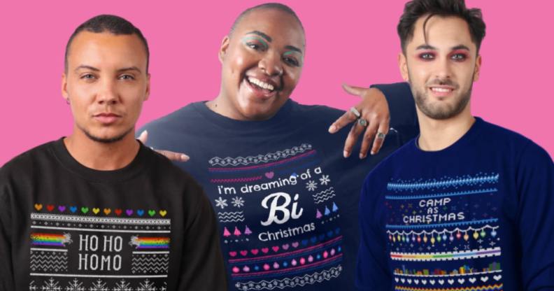 Three LGBT+ people wearing PinkNews' Christmas jumpers against a pink background