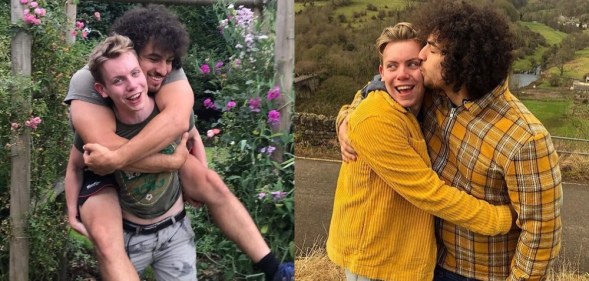 (L) Devin Ibañez hugs his boyfriend Fergus Wade from behind, (R) Ibañez kissed Wade on the cheek