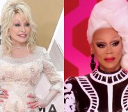 Two images: Dolly Parton on a red carpet in a long-sleeved white gown, RuPaul on the net of Drag Race looking bemused.
