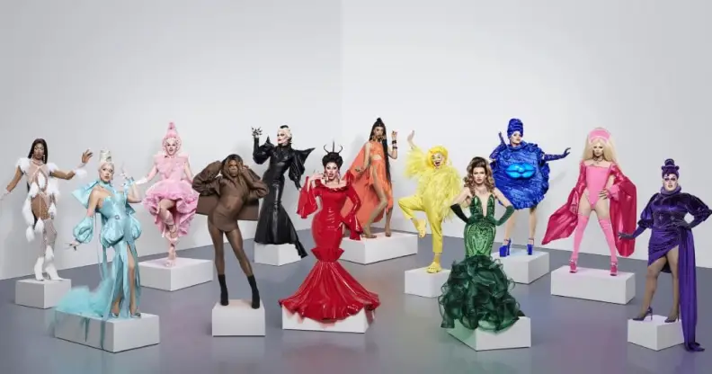 Drag Race UK season 2 queens, each dressed in one of the colours of the Progress Pride flag