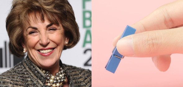 Edwina Currie and fingers holding a clothes peg