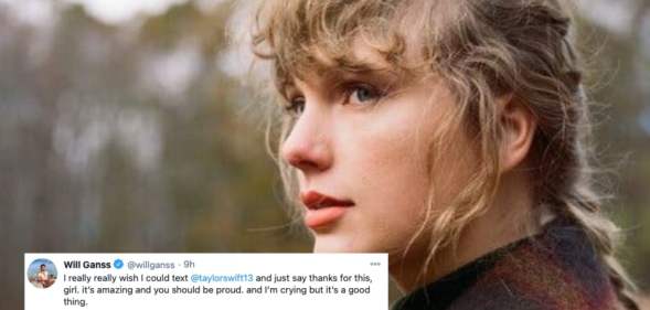 Taylor Swift with her hair in a ponytail, wearing a checked coat, looking off into nature, with a tweet imposed on it