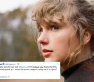 Taylor Swift with her hair in a ponytail, wearing a checked coat, looking off into nature, with a tweet imposed on it