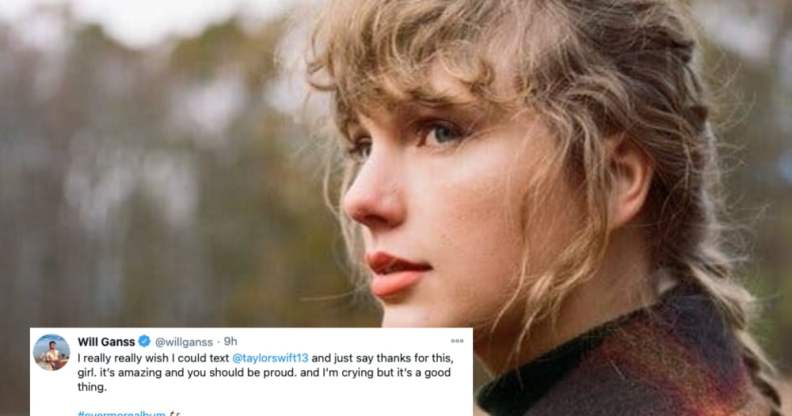 Taylor Swift with her hair in a ponytail, wearing a checked coat, looking off into nature, with a tweet imposed on it