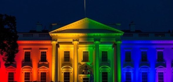 The White House, lit in the rainbow flag.