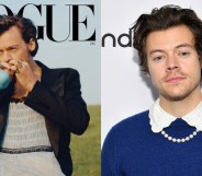 Harry Styles blowing a balloon wearing a dress and a tuxedo jacket