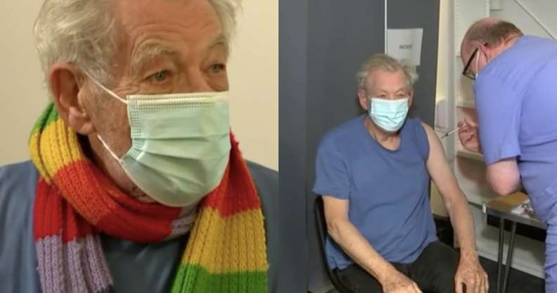 Ian McKellen receives the coronavirus vaccine while wearing a rainbow scarf and face mask