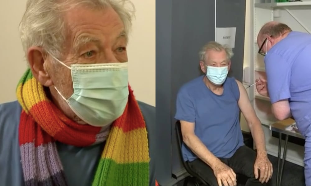 Ian McKellen receives the coronavirus vaccine while wearing a rainbow scarf and face mask
