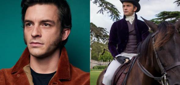 Jonathan Bailey smouldering in a rust-coloured jacket against a green backdrop / Jonathan on a horse in period gear in Bridgerton