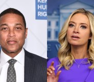 Don Lemon (L) in a suit and tie and Kayleigh McEnany in a purple dress