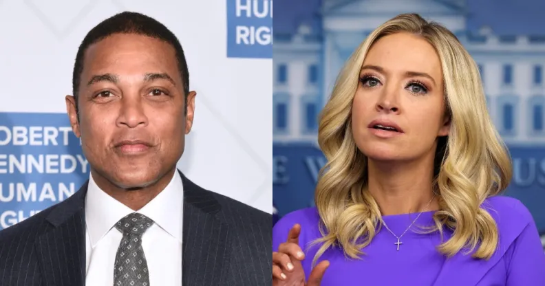 Don Lemon (L) in a suit and tie and Kayleigh McEnany in a purple dress