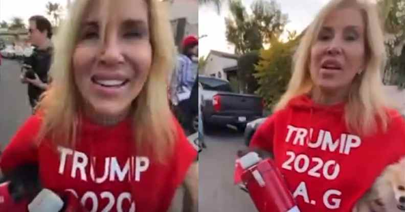 An anti-lockdown protester wearing a 'Trump 2020' shirt was filmed spewing homophobic slurs at a rally in Los Angeles.