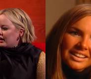 Nicola Coughlan pretends to be on the phone with her hand and a young Nadine Coyle looks at the camera smiling