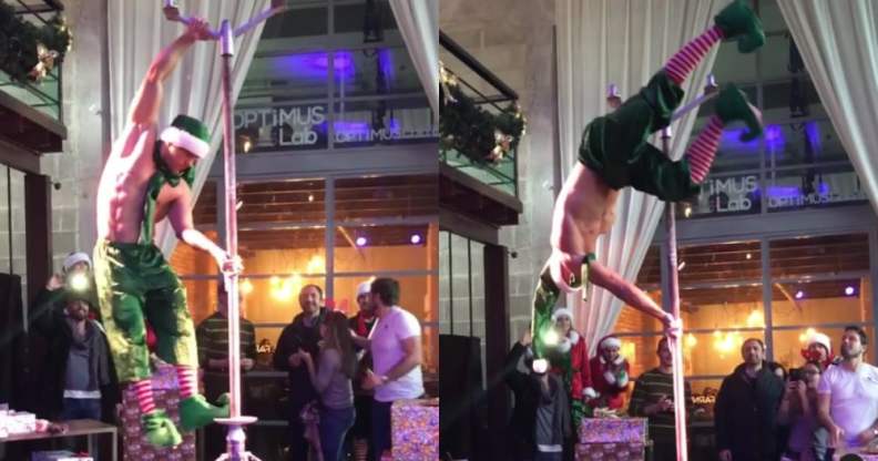 Topless man dressed in elf trousers and a hat pole dancing