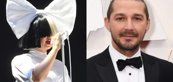 Sia wearing half-black, half-white wig and a huge white bow atop her head / Shia LaBeouf in a tuxedo