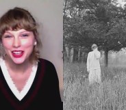 Taylor Swift smiling at the camera wearing a v-neck top and a black and white album cover of Taylor Swift wandering around the woods